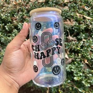 Choose happy iridescent blue glass can cup